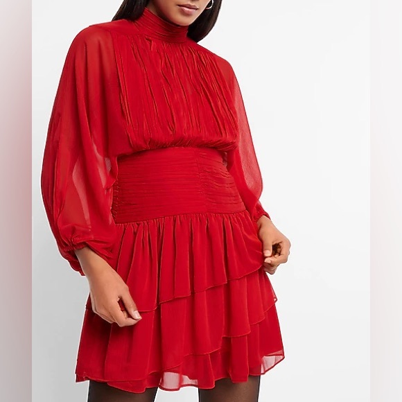Express Mock Neck Long Sleeve Pleated Waist Tiered Ruffle Mini Red Dress - Picture 8 of 9